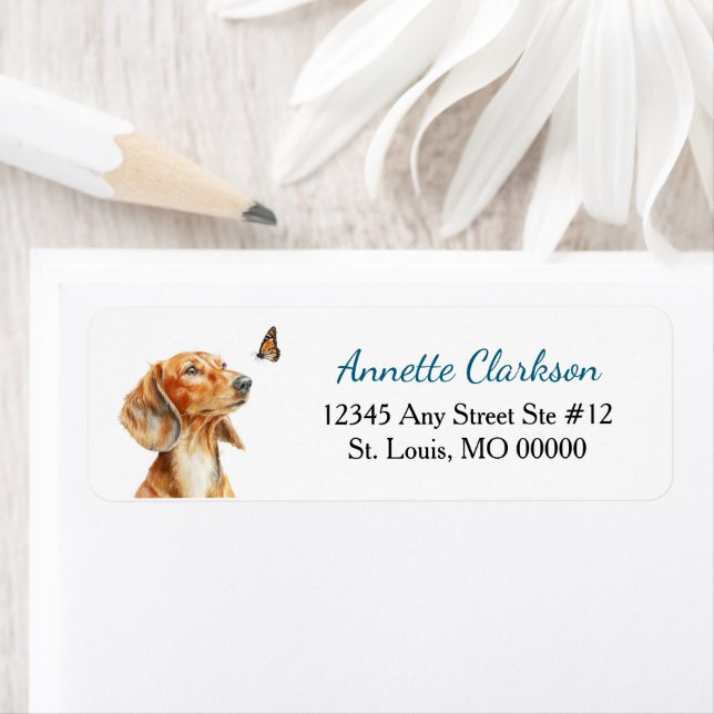 Brown Dachshund Dog Butterfly Wonder Label (Insitu)