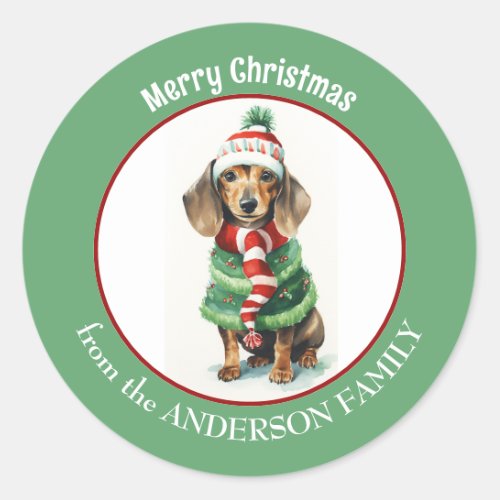 Brown Dachshund Dog in Winter Clothes Christmas Classic Round Sticker