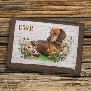 Brown Dachshund Dog Monogrammed Tri-fold Wallet