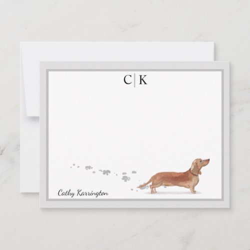 Brown Dachshund Gray Border Monogram Your Name Note Card