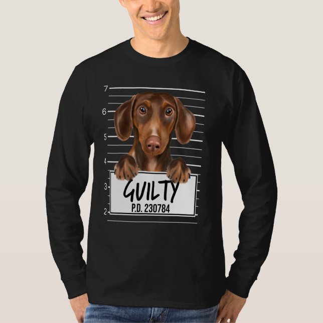Brown Dachshund Mugshot Guilty Dog T-Shirt (Front)