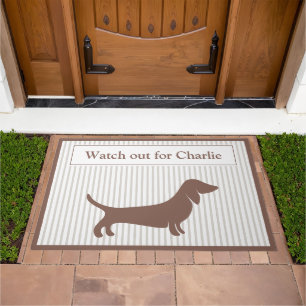 Brown Dachshund on Beige Stripes Custom Name Doormat