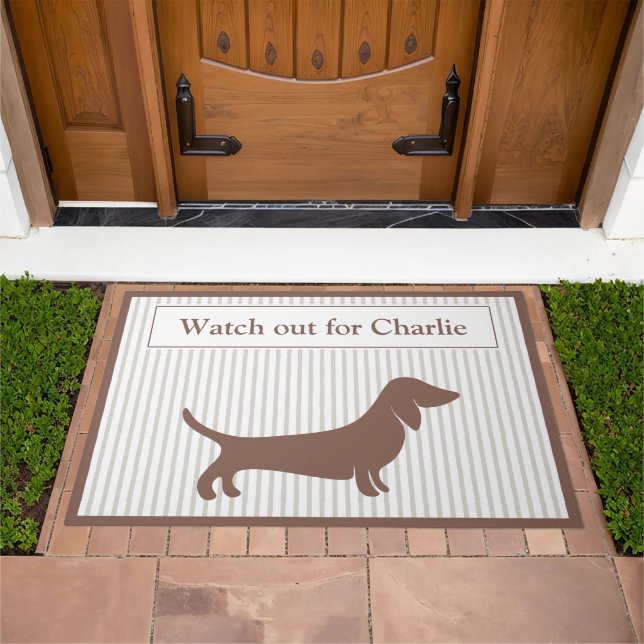Brown Dachshund on Beige Stripes Custom Name Doormat (Outdoor)