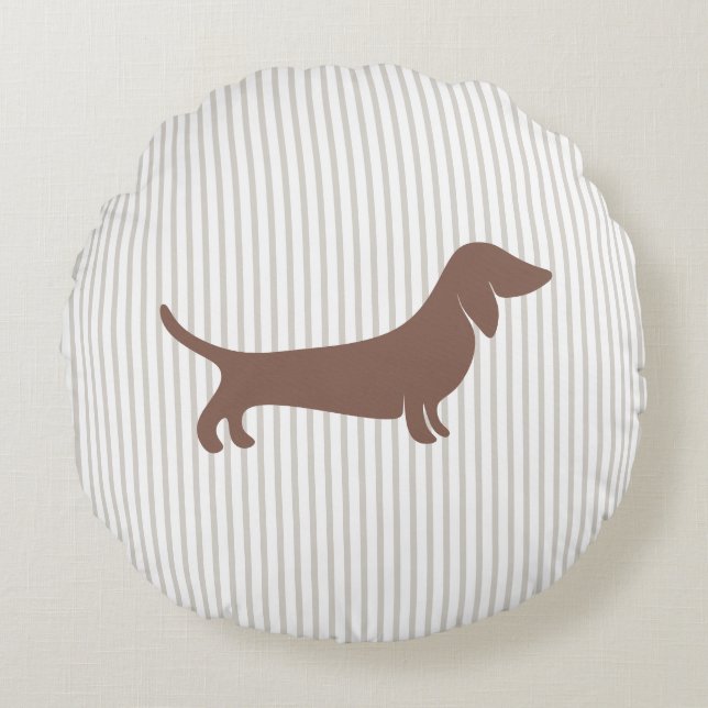 Brown Dachshund on Beige Stripes Round Pillow (Front)