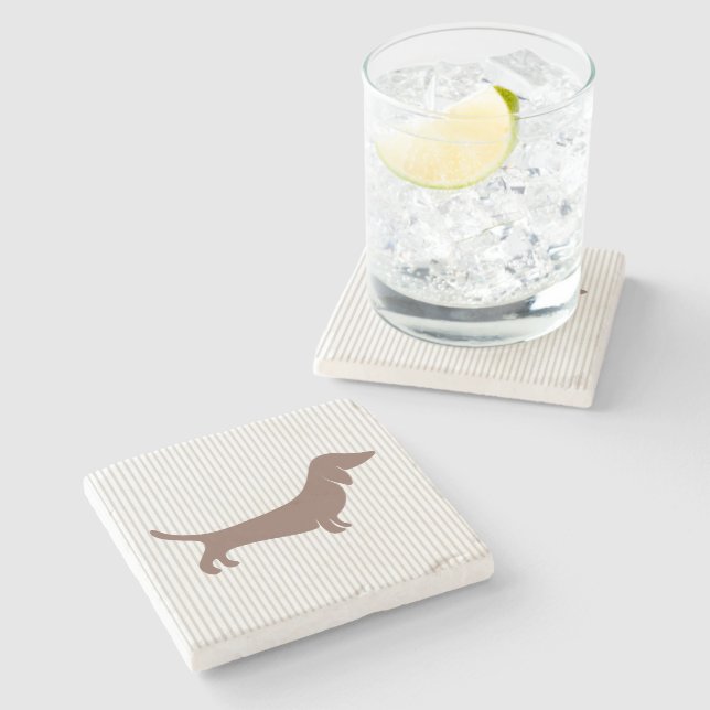 Brown Dachshund on Beige Stripes Stone Coaster (Side)