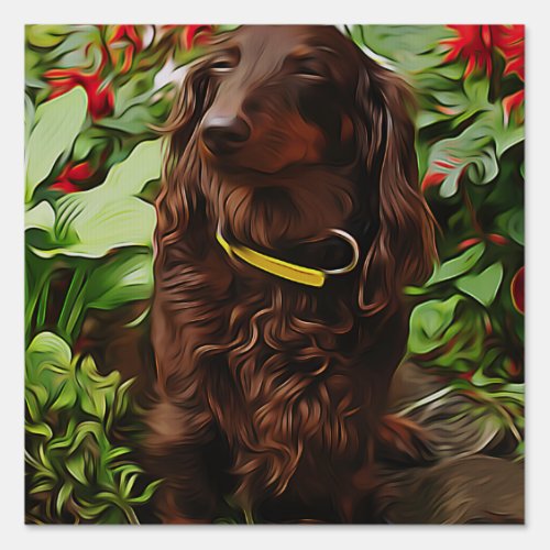 Brown Dachshund Sitting In The Garden With Flower Sign