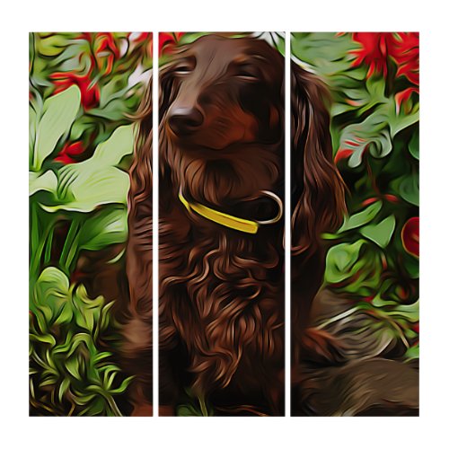 Brown Dachshund Sitting In The Garden With Flower Triptych