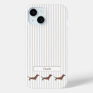 Brown Dachshunds on Beige Stripes Custom Name iPhone 15 Case
