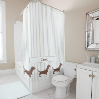 Brown Dachshunds on Beige Stripes Custom Name Shower Curtain