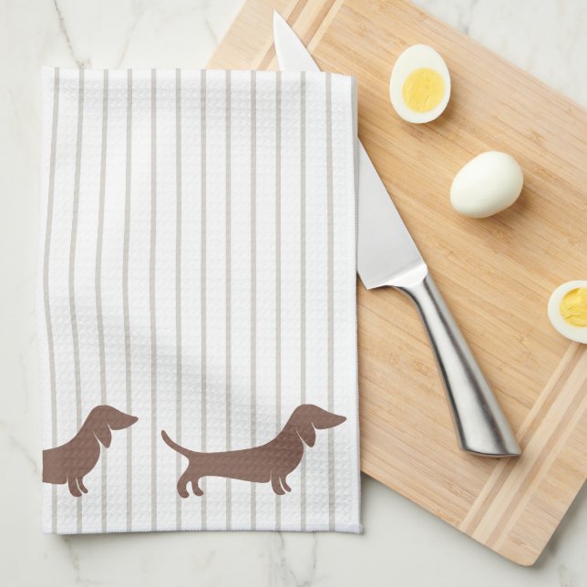 Brown Dachshunds on Beige Stripes Kitchen Towel (Quarter Fold)
