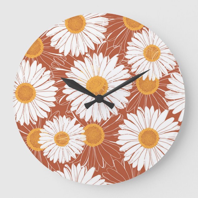 Brown Daisies: Seamless Flower Pattern Large Clock (Front)