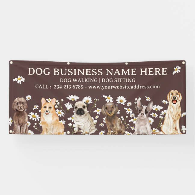 Brown Daisy Puppies Floral Botanical Dog Grooming Banner