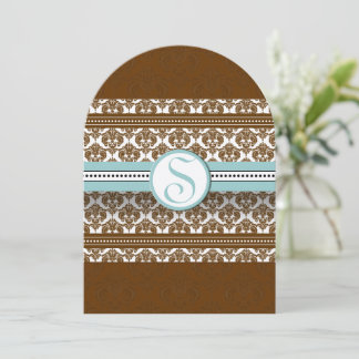 Brown Damask Aqua Blue Trim Wedding Invitation