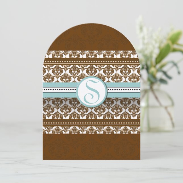Brown Damask  Aqua Blue Trim Wedding Invitation (Standing Front)