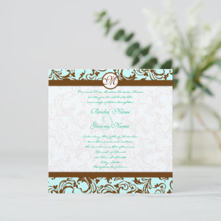 Brown Damask Blush Turquoise Blue Wedding Invitation
