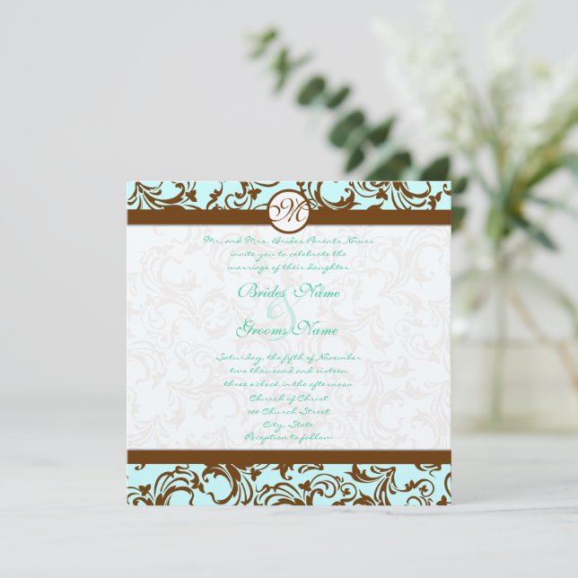 Brown Damask Blush Turquoise Blue Wedding Invitation (Standing Front)