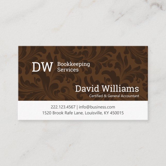 Brown Damask Bookkeeping/Accounting Business Card (Front)