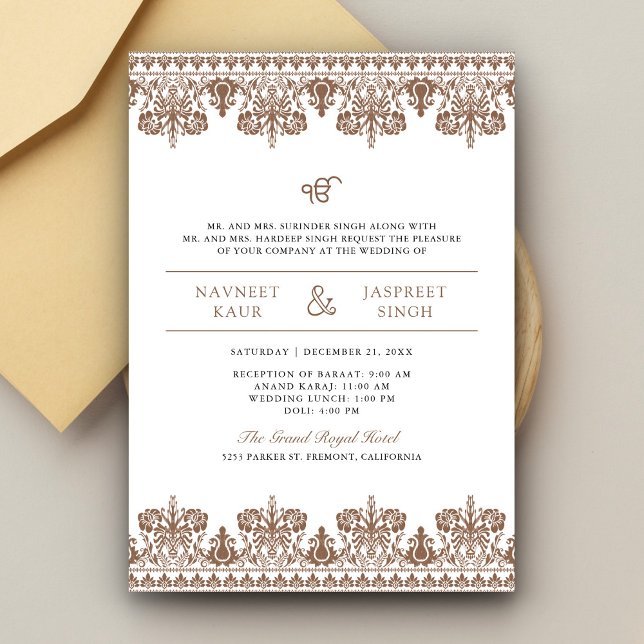 Brown Damask Border Anand Karaj Sikh Wedding Invitation (Creator Uploaded)