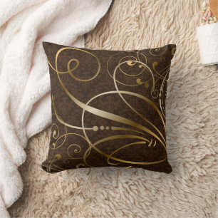 Brown Damask Gold Swirls Flourishes Throw Pillow