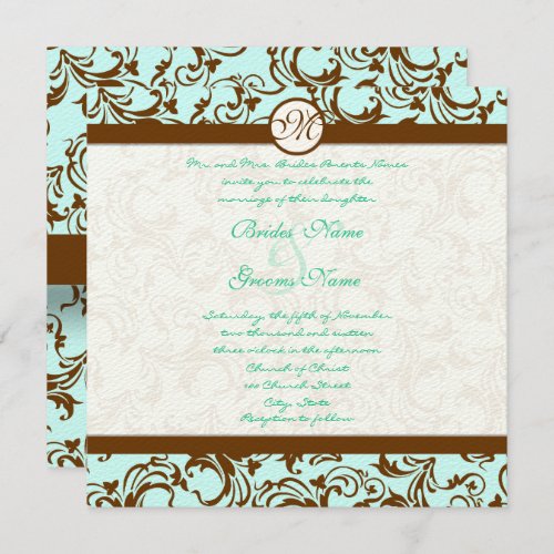 Brown Damask Light Aqua Blue Wedding Invitation