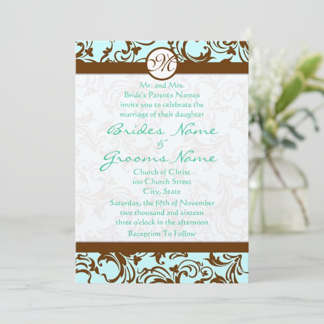 Brown Damask Light Aqua Blue Wedding Invitation (Standing Front)