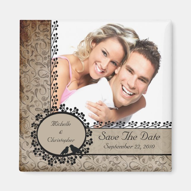 Brown Damask Love Birds Photo Save The Date Magnet (Front)