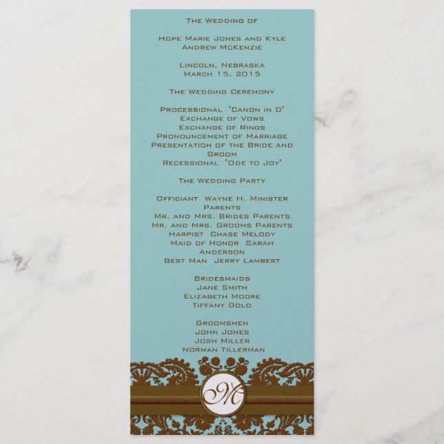 Brown Damask Monogram Wedding Program (Front)