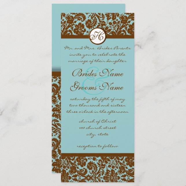 Brown Damask On Aqua Blue Wedding Invitation (Front/Back)