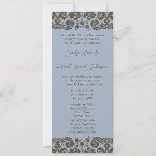 Brown Damask On Aqua Blue Wedding Invitation