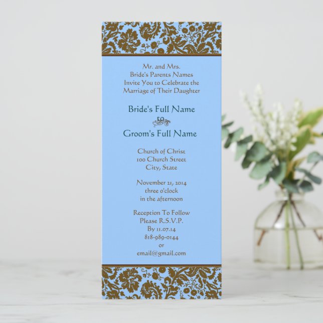 Brown Damask On Aqua Blue Wedding Invitation (Standing Front)
