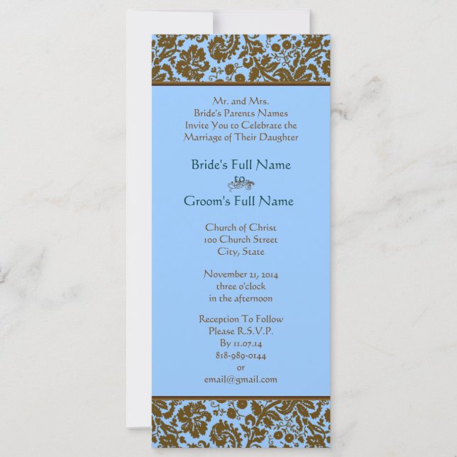 Brown Damask On Aqua Blue Wedding Invitation (Front)