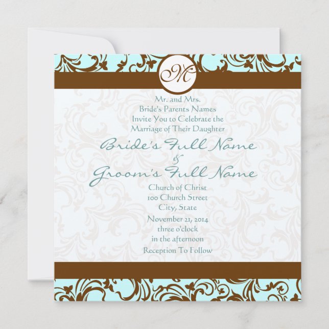 Brown Damask on Aqua Blue Wedding Invitation (Front)