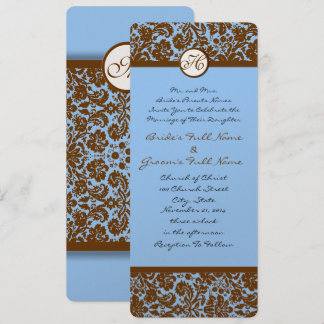 Brown Damask On Blue Wedding Invitation