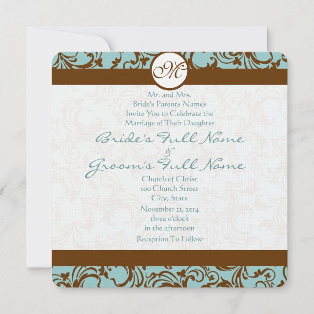 Brown Damask on Deep Aqua Wedding Invitation (Front)