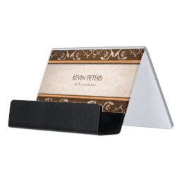 Brown Damask Pattern Desk Business Card Holder