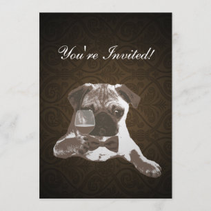 Brown Damask Pug & Fine WIne Birthday Invitation