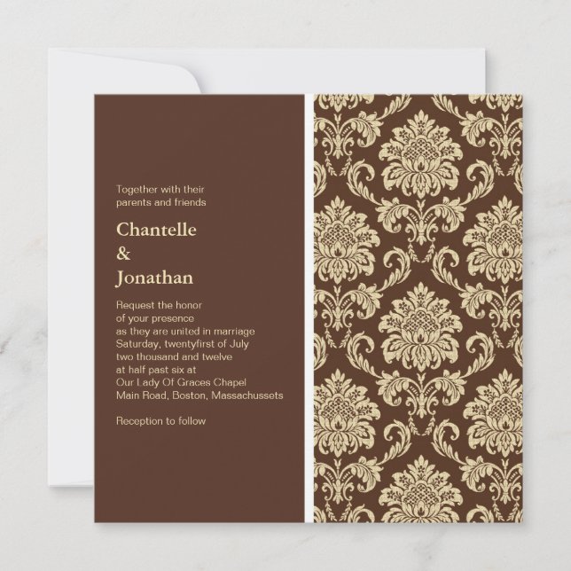 Brown Damask Wedding Invitation (Front)