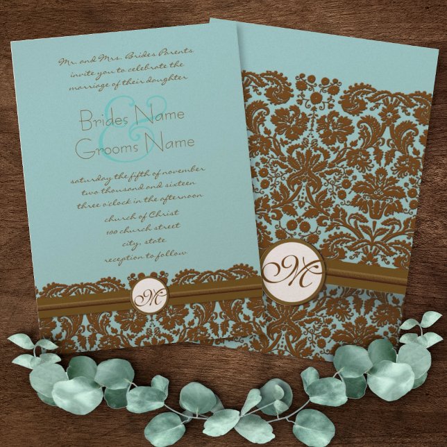 Brown Damask Wedding Monogram Invitations (Creator Uploaded)