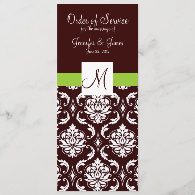Brown Damask Wedding Programs with Monogram (Front)