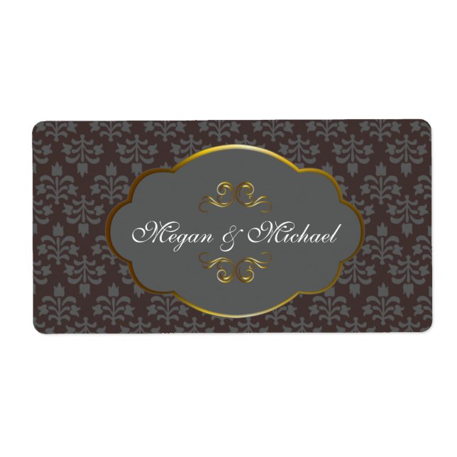 Brown Damask with golden frame wedding labels (Front)