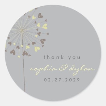 Brown Dandelion Flower Love Hearts Wedding Party Classic Round Sticker by fatfatin_blue_knot at Zazzle