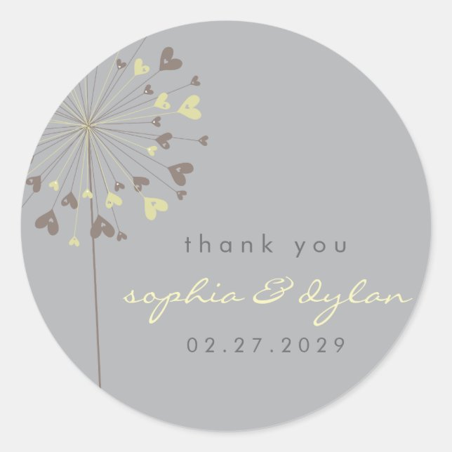 Brown Dandelion Flower Love Hearts Wedding Party Classic Round Sticker (Front)