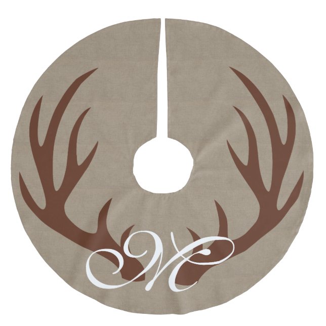 Brown Deer Antlers Faux Burlap Monogram Tree Skirt (Front)