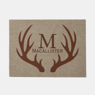Brown Deer Buck Antlers & Faux Burlap Family Name Doormat