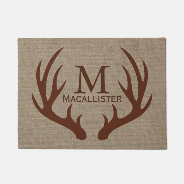 Brown Deer Buck Antlers & Faux Burlap Family Name Doormat (Front)