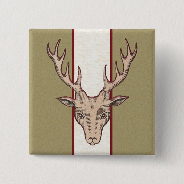 Brown Deer Head Black Etched Face on Stripes Button (Front)