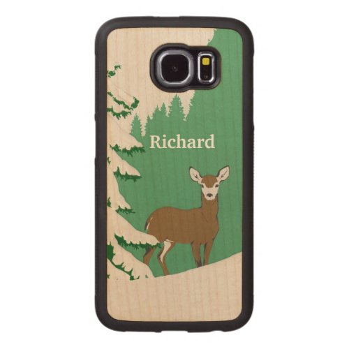 Brown Deer in Snow Pine Tree Mountain Background Carved Wood Samsung Galaxy S6 Case