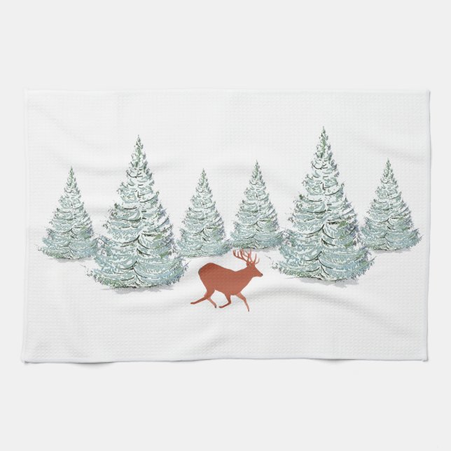 Brown Deer under Snow Covered Spruce Trees   Kitchen Towel (Horizontal)