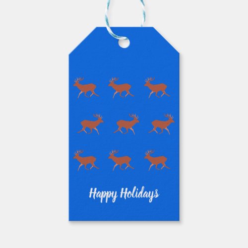 Brown Deer Walking Festive Pattern Blue Background Gift Tags