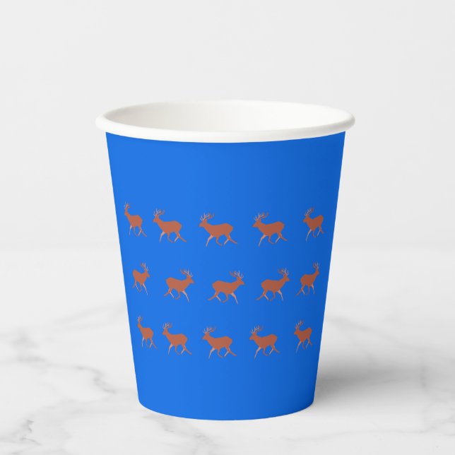 Brown Deer Walking Festive Pattern Blue Paper Cups (Front)